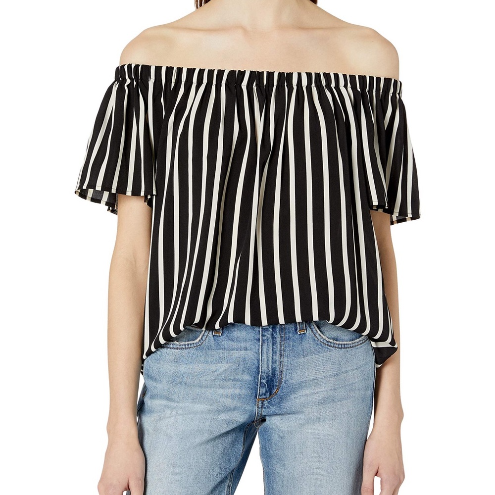 French Connection Black and White Striped Off-Shoulder Blouse